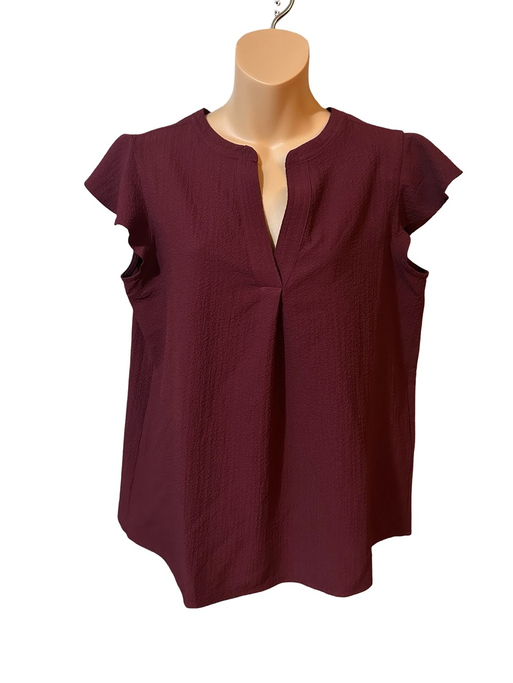 Calvin Klein M Burgundy Textured Split Neck Flutter Sleeve Blouse Top